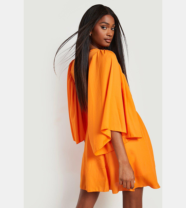 Buy Boohoo Pleat Detail Wide Sleeves Skater Dress In Orange | 6thStreet ...