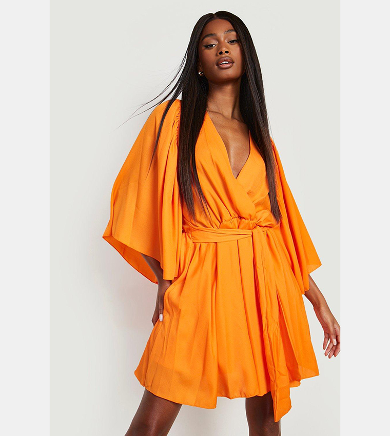 Buy Boohoo Pleat Detail Wide Sleeves Skater Dress In Orange | 6thStreet ...
