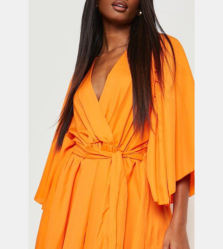 Buy Boohoo Pleat Detail Wide Sleeves Skater Dress In Orange | 6thStreet ...