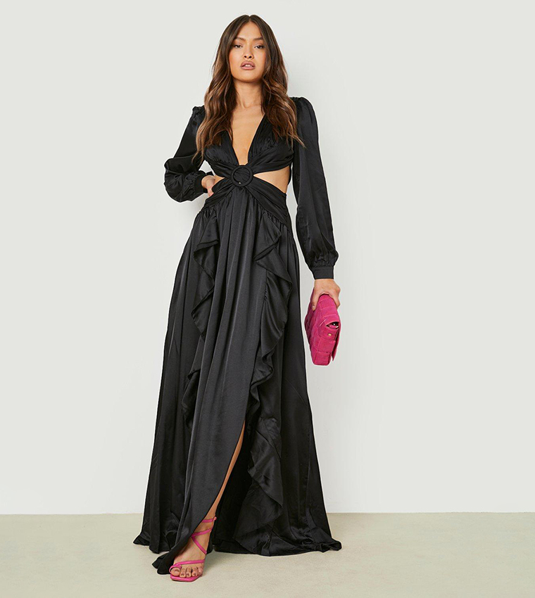 Plunge layered ruffles outlet detail ruched maxi dress