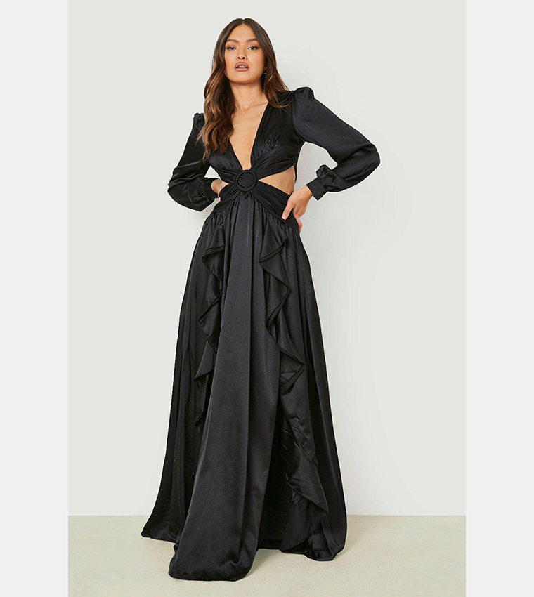 boohoo satin ruffle plunge maxi dress Black Satin Ruffle Plunge Midi Dress