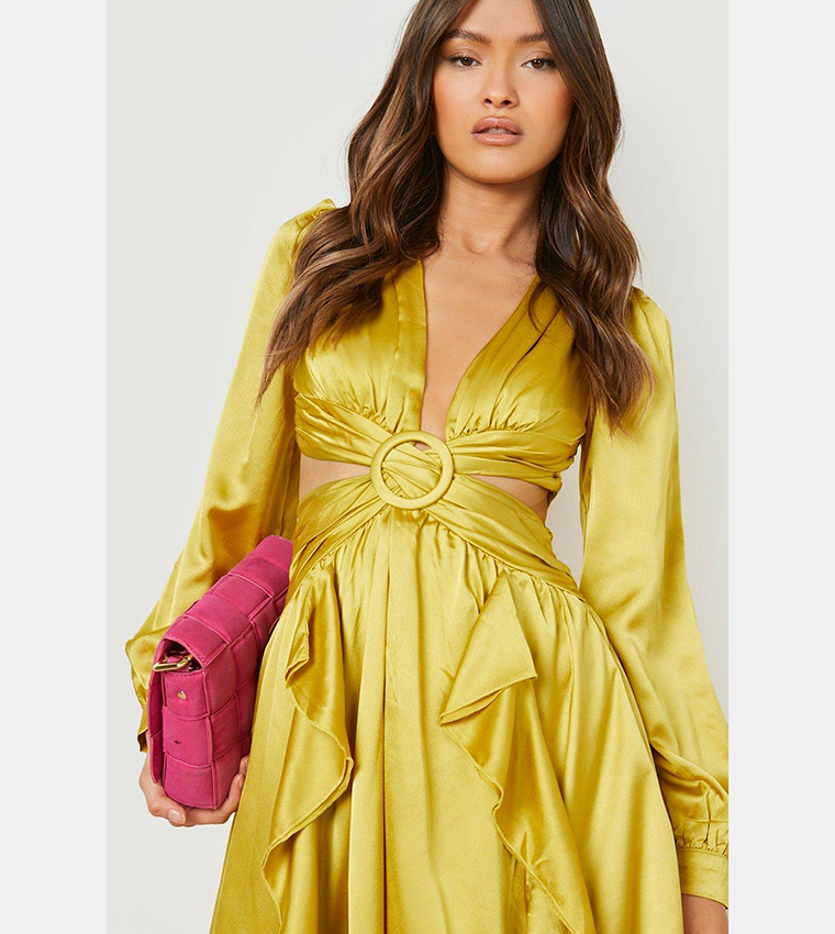 boohoo satin ruffle plunge maxi dress Blush Satin Ruffle Maxi Dress
