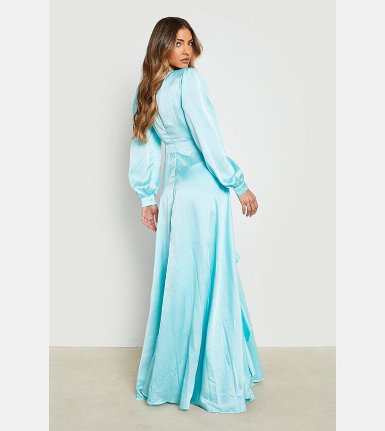 chinese dress ladies Rent Boohoo Chartreuse Satin Ruffle Plunge Maxi Dress