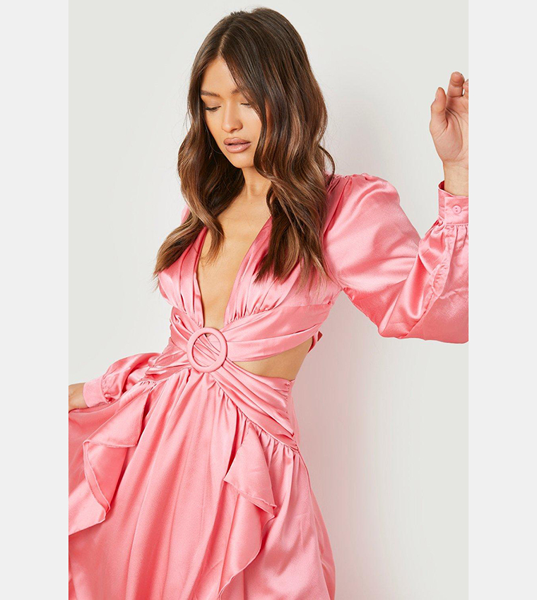 Buy Boohoo Satin Ruffle Plunge Maxi Dress In Pink