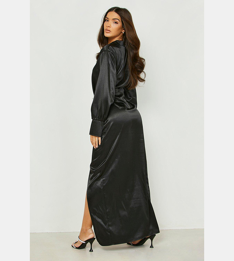 Buy Boohoo Satin Wrap Maxi Shirt Dress In Black 6thStreet Kuwait