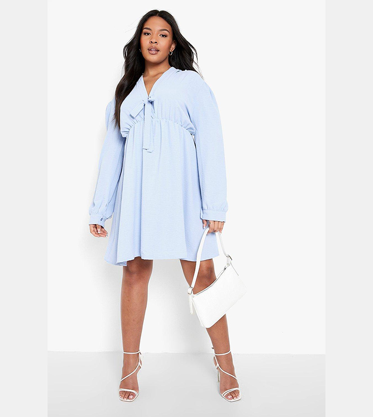 Buy Boohoo Hammered Tie Front Skater Dress In Baby Blue 6thStreet Qatar