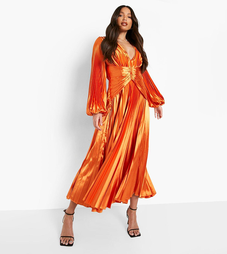 Buy Boohoo Tall Satin Pleated Midaxi Occasion Dress In MANGO