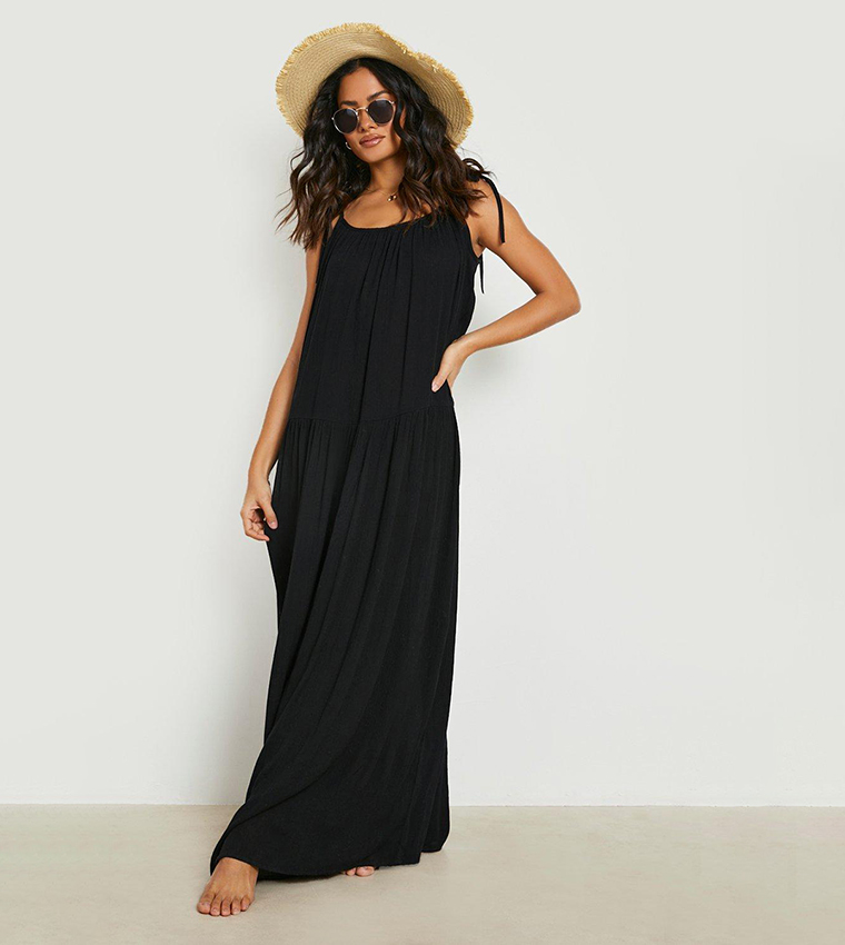Buy Boohoo Crinkle Strappy Maxi Beach Dress In Black