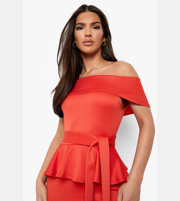 bardot peplum dress Miss Circle Women Maybelle Magenta Bardot Lace Strap Peplum Maxi Dress
