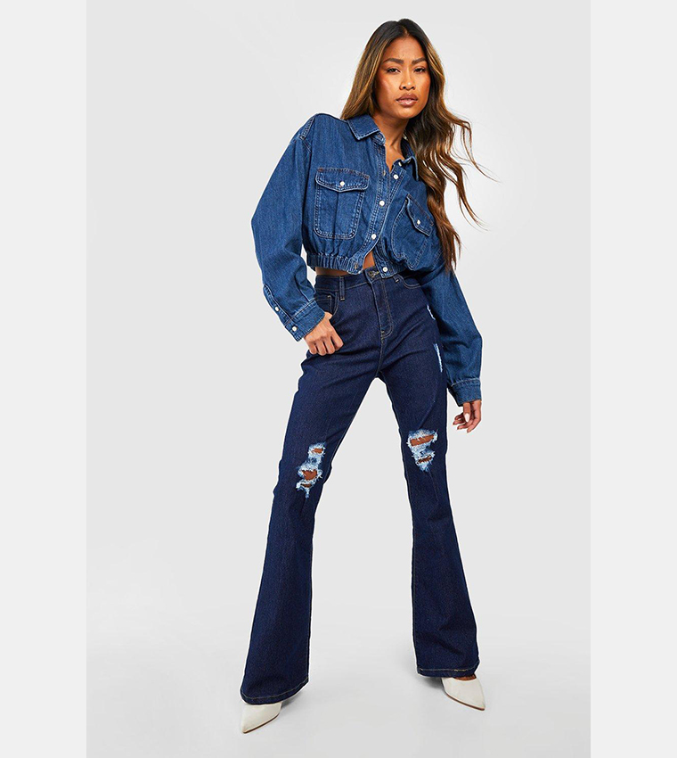Buy Boohoo Basics High Rise Ripped Flared Jeans In Indigo