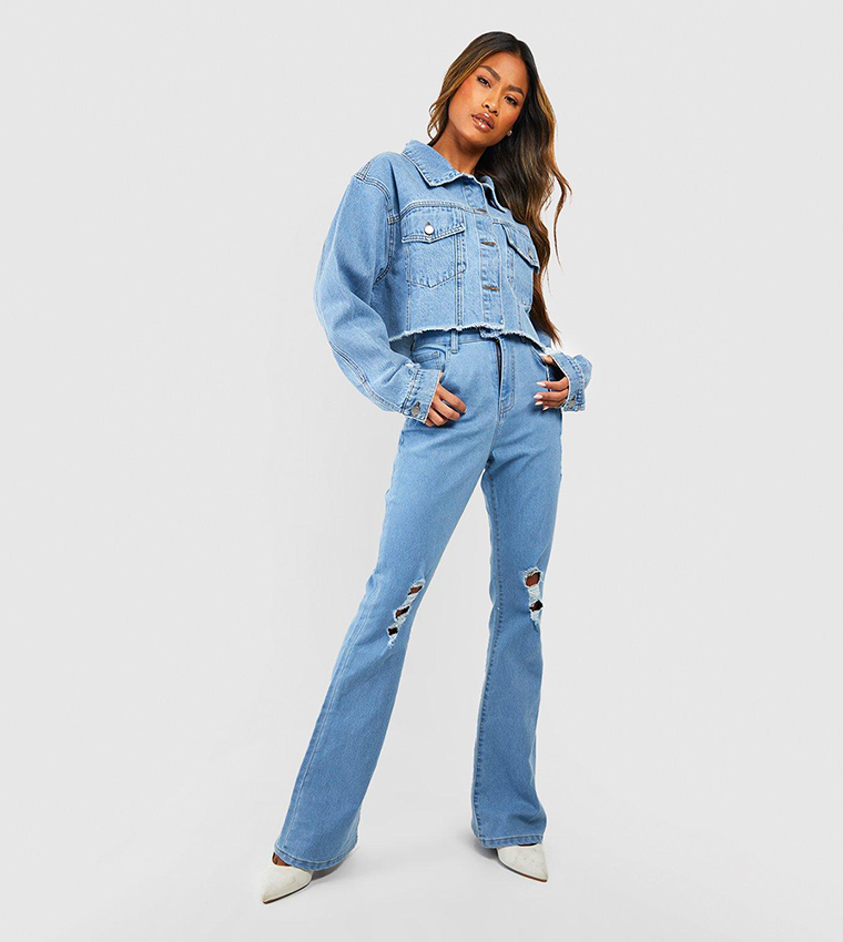 Buy Boohoo Basics High Rise Ripped Flared Jeans In Blue