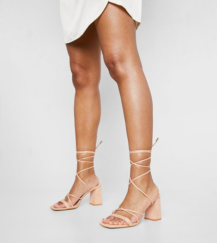 Buy Boohoo Wide Fit Wrap Up Square Toe Block Heel Sandals In Nude