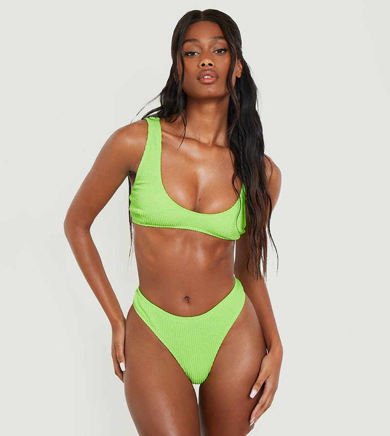 Buy Boohoo Recycled Crinkle Thong Bikini Brief In Lime 6thStreet