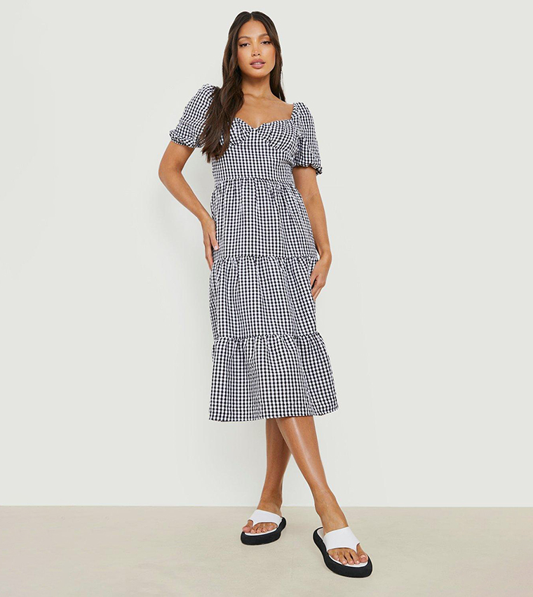 tall skater dresses Tall Linen Look Volume Sleeve Shirred Skater Dress