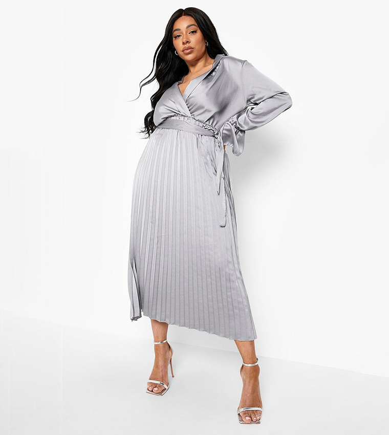 Buy Boohoo Pleated Flare Sleeves Satin Wrap Dress In Grey 6thStreet Qatar