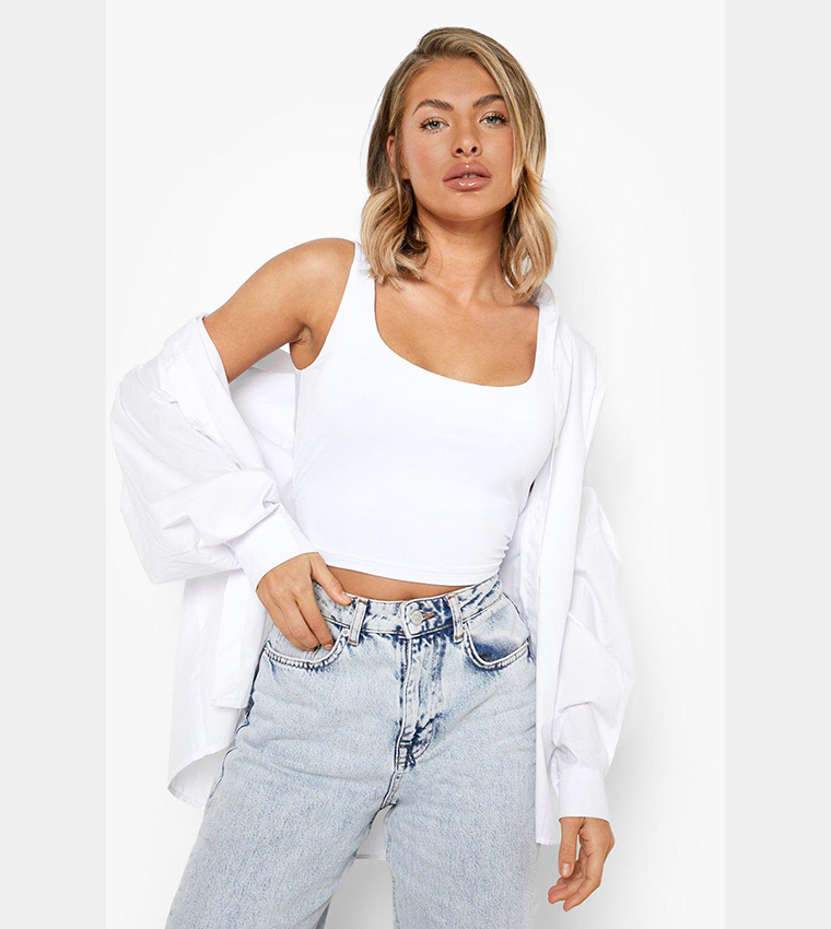 Buy Boohoo Double Layer Scoop Neck Strappy Crop Top In White