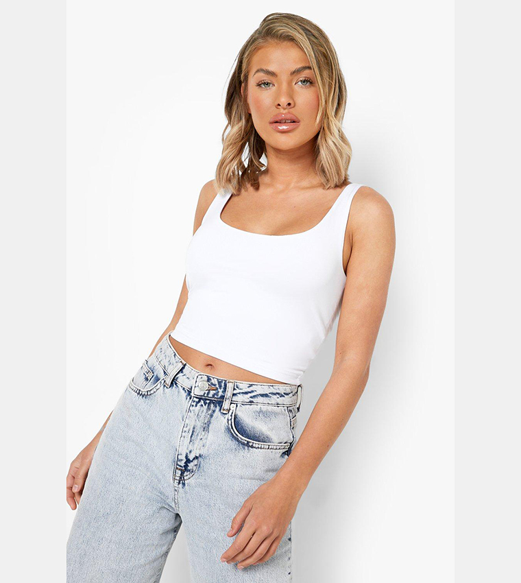 Buy Boohoo Double Layer Scoop Neck Strappy Crop Top In White
