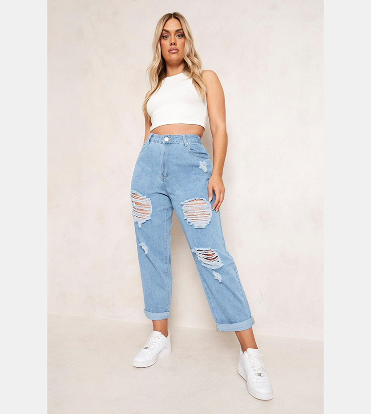 Boohoo Plus high waisted mom jeans in mid wash blue