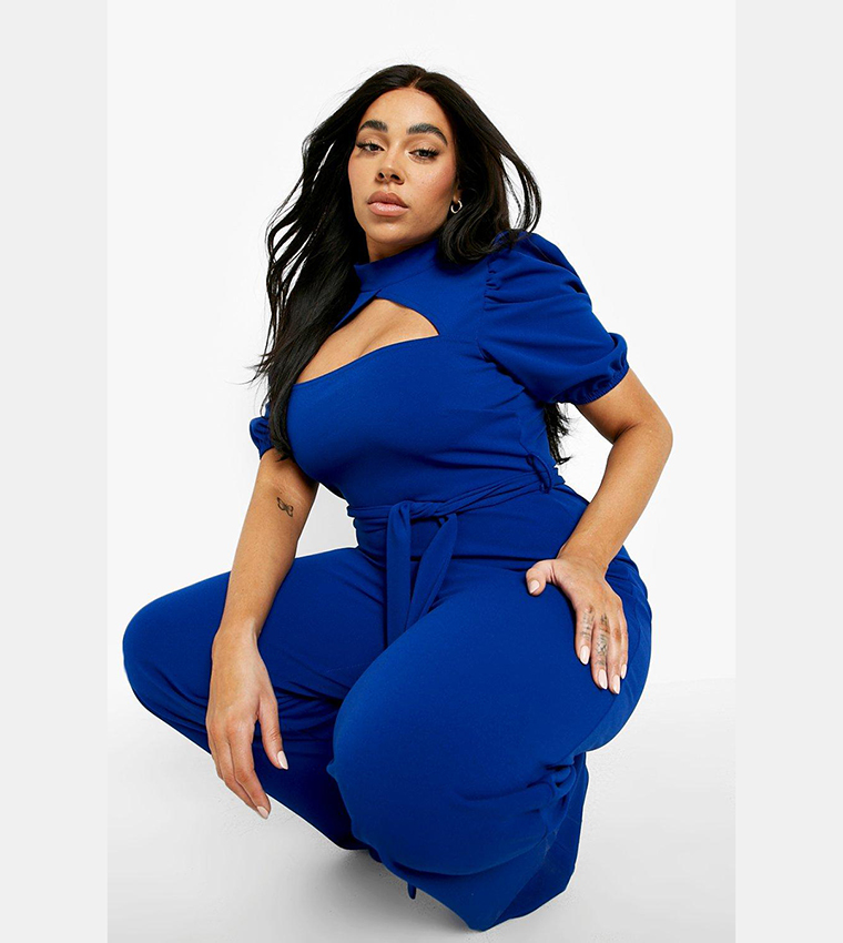 Buy Boohoo Choker Cut Out Puff Sleeves Jumpsuit In COBALT