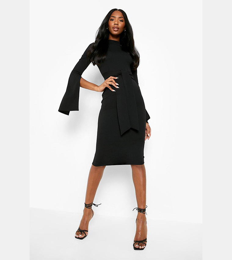 Tailored High Neck Split Sleeve Midi Dress