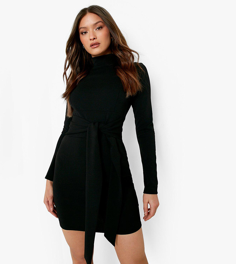 Buy Boohoo High Neck Tie Waist Fitted Mini Dress In Black 6thStreet Kuwait