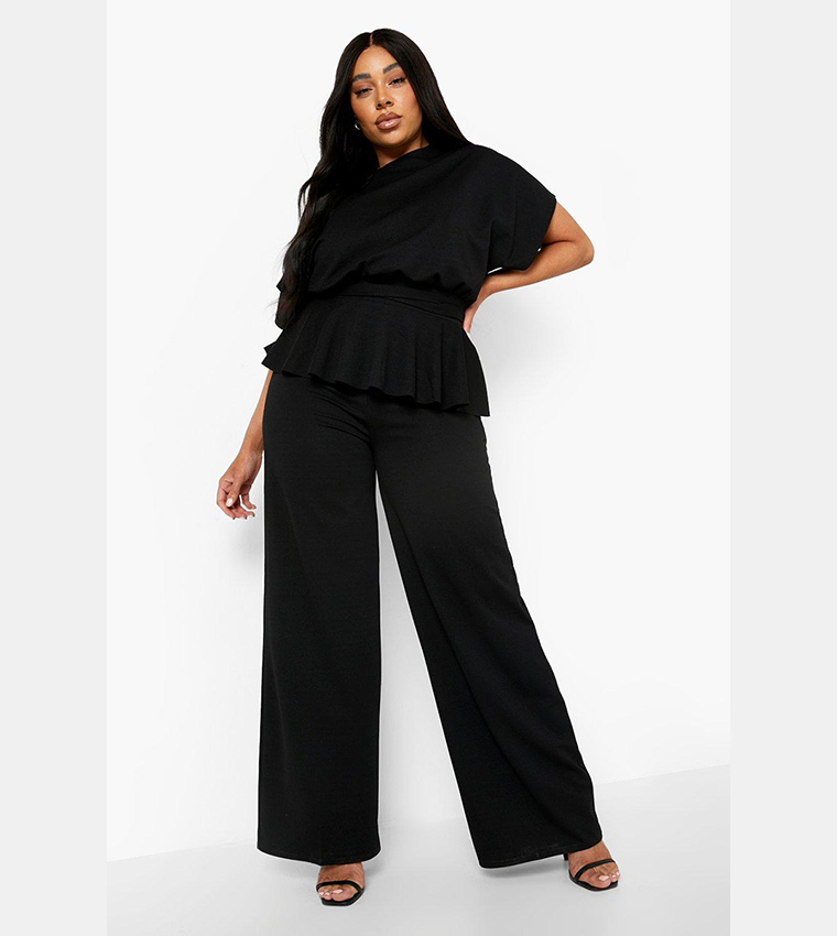 Buy Boohoo Peplum Top And Wide Leg Trousers Co Ord Set In Black ...