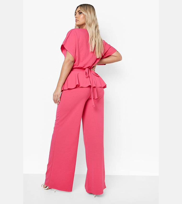 Buy Boohoo Peplum Top And Wide Leg Trousers Co Ord Set In Hot Pink