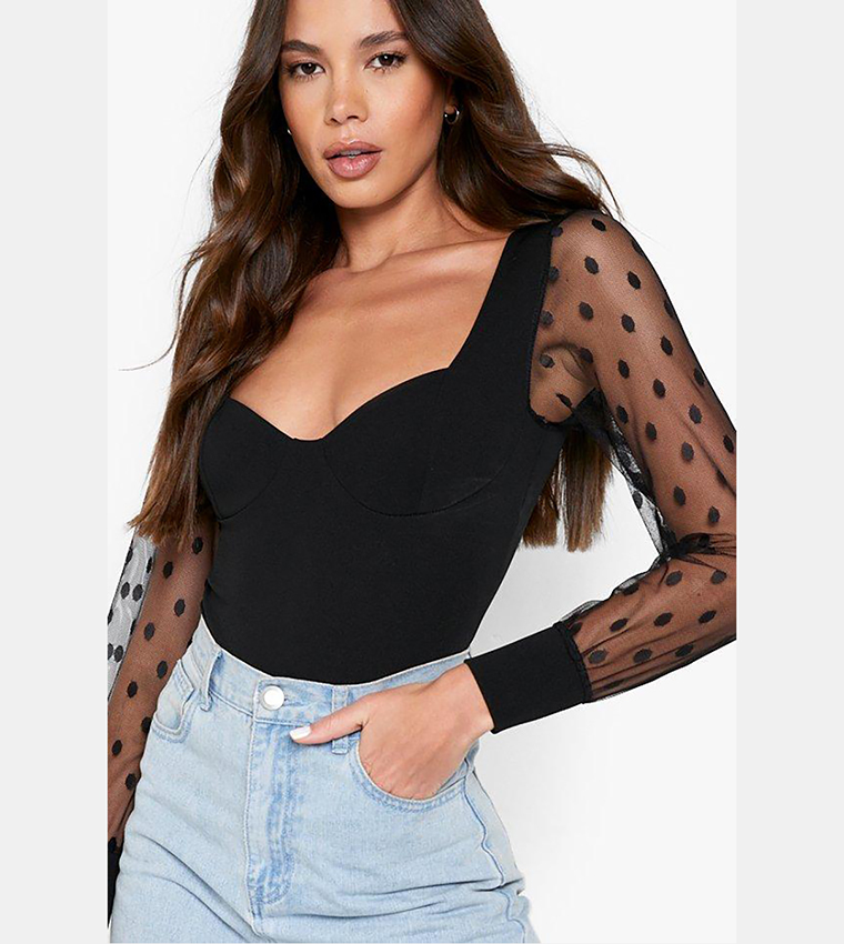 Dobby Mesh Long Sleeves Bodysuit