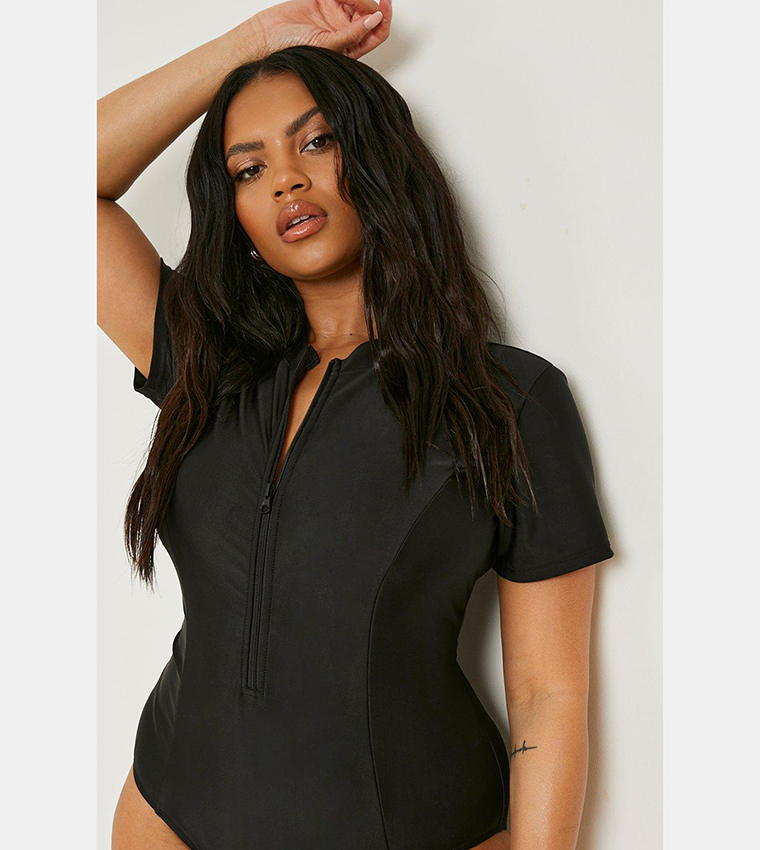 Buy Boohoo Rash Guard Zip Up Swimsuit In Black 6thStreet Saudi Arabia