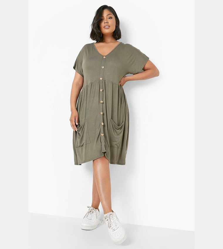 Buy Boohoo Jersey Button Down Pocket Smock Dress In Khaki
