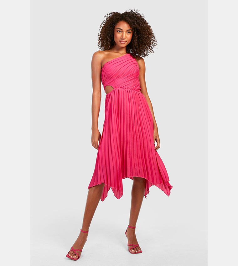 One shoulder 2025 pleated midi dress