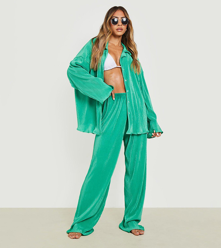 Buy Boohoo Plisse Wide Leg Beach Trousers In Green 6thStreet Oman