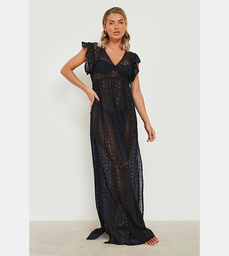 Buy Boohoo Ruffle Lace Plunge Beach Dress In Black 6thStreet Qatar