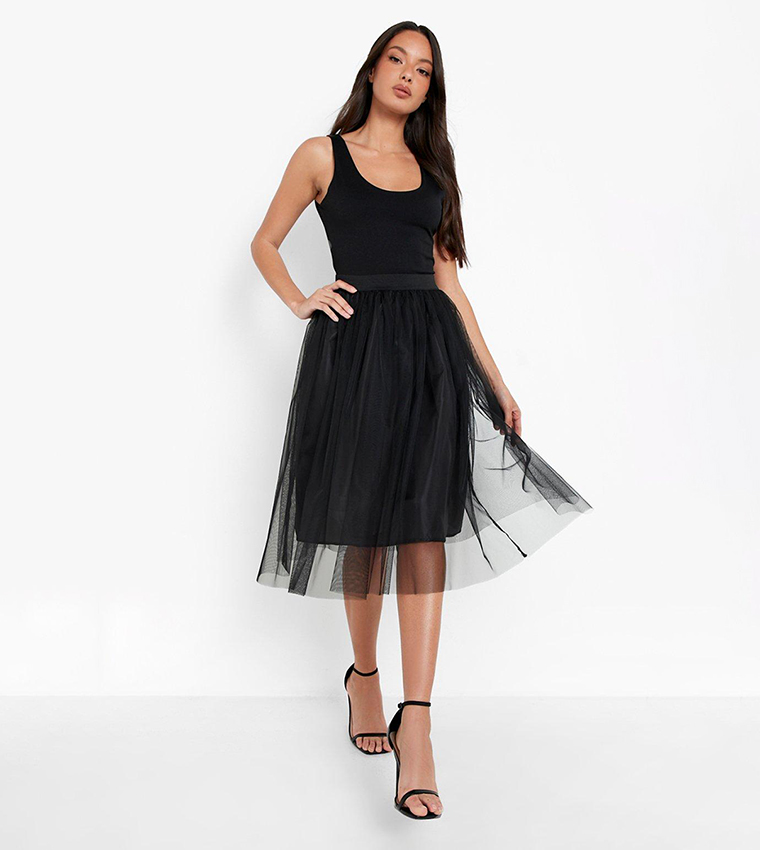 Buy Boohoo Boutique Tulle Mesh Midi Skater Skirt In Black