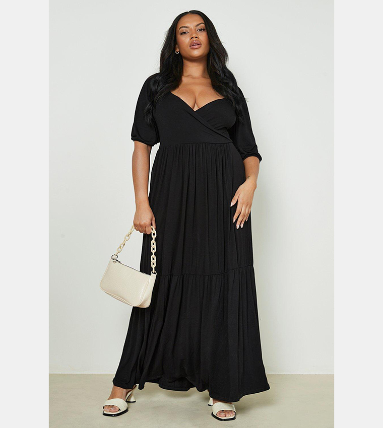 Buy Boohoo Jersey Wrap Tiered Maxi Dress In Black | 6thstreet Oman Buy Boohoo Jersey Wrap Tiered Maxi Dress In Black | 6thstreet Oman