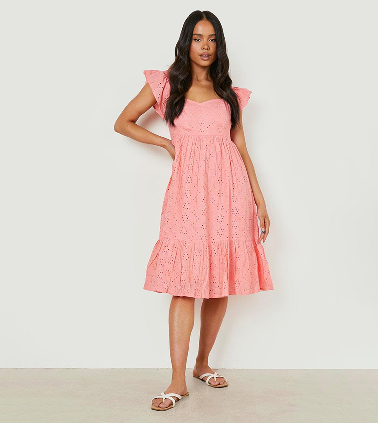 strapless open back dress Adita Blush Pink Mesh Floral Bardot Maternity Midi Dress – Club L London main image 1