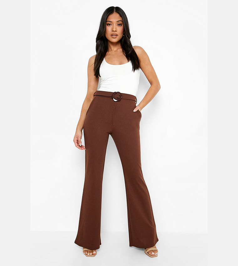 Buy Boohoo Daisy Buckle Belted Flare Trousers In CHOCOLATE