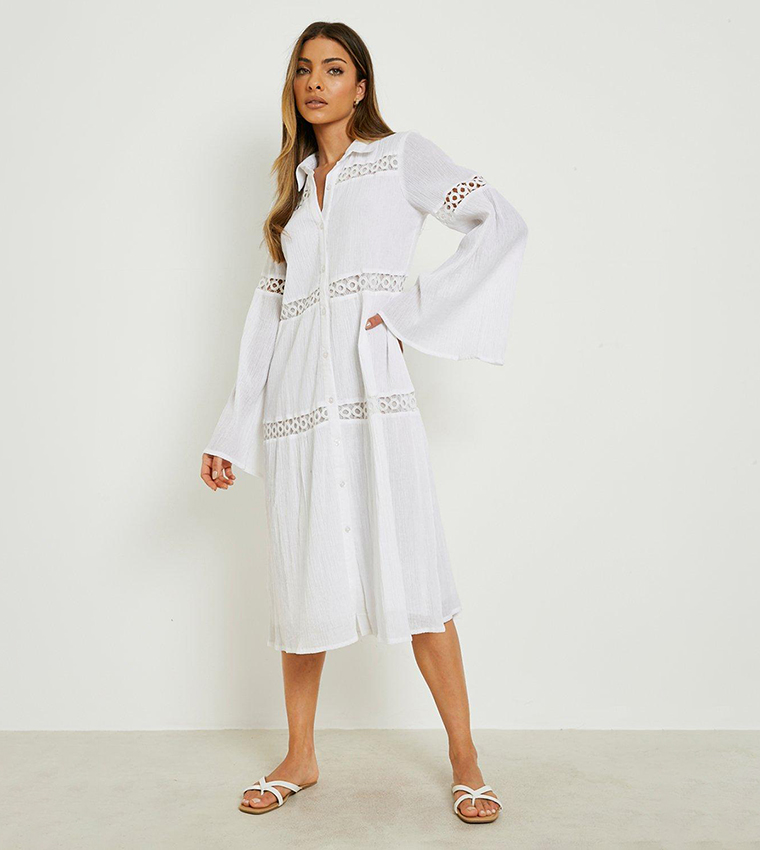Buy Boohoo Cheesecloth Flare Sleeves Shirt Dress In White | 6thstreet Bahrain Buy Boohoo Cheesecloth Flare Sleeves Shirt Dress In White | 6thstreet Bahrain