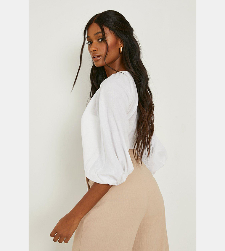 Volume Sleeves Tie Front Linen Crop Top