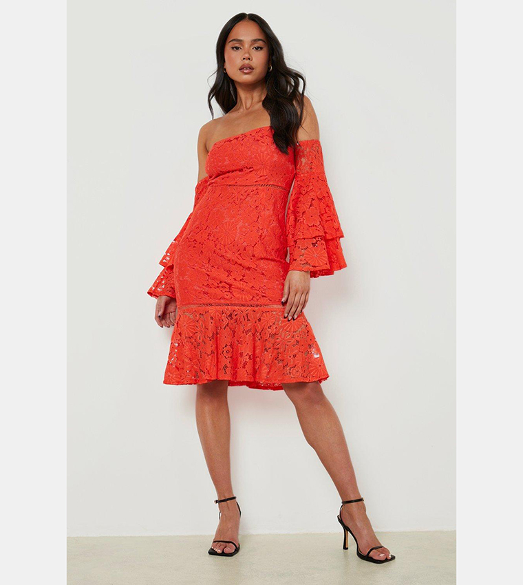 Buy Boohoo Lace Crochet Trim Bardot Midi Dress In RED ORANGE 6thStreet Bahrain