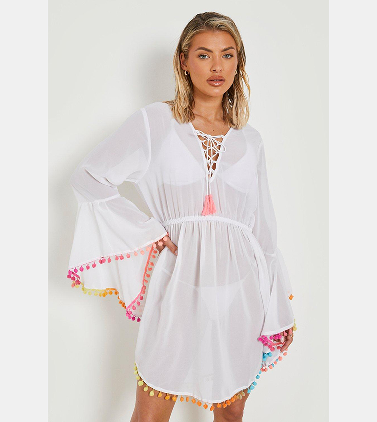 pom pom beach dress Off Shoulder Embroidered Pom Pom Dress main image 0