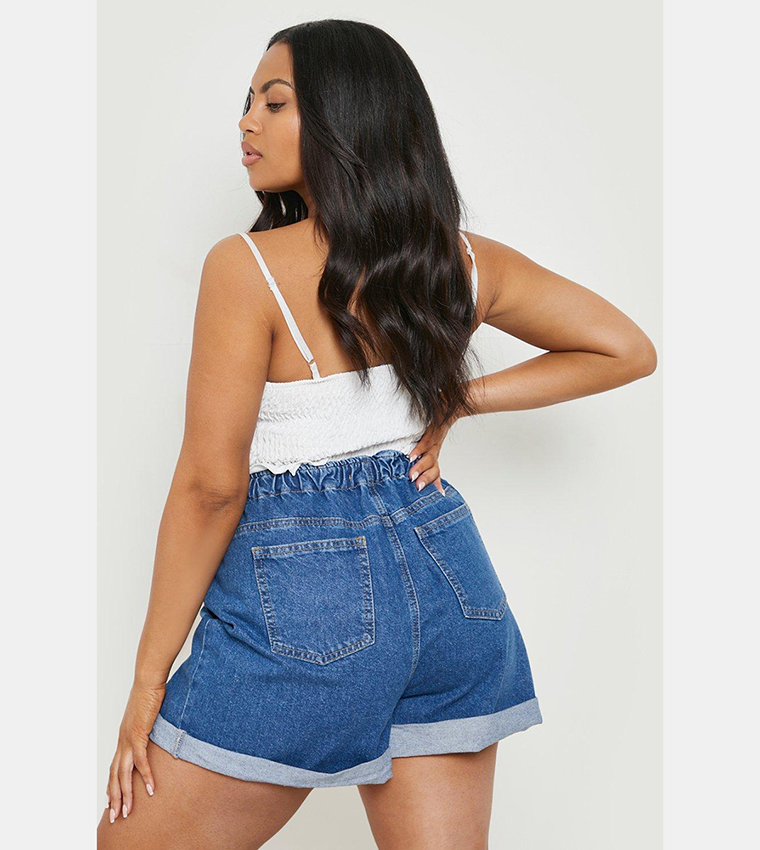 Buy Boohoo Denim Elasticated Waist Mom Fit Shorts In Blue