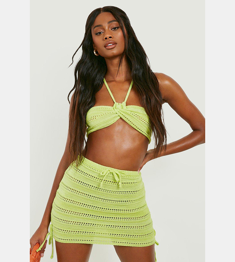 Buy Boohoo Crochet Lace Up Bralette And Skirt Co Ord Set In Green 6thStreet Qatar