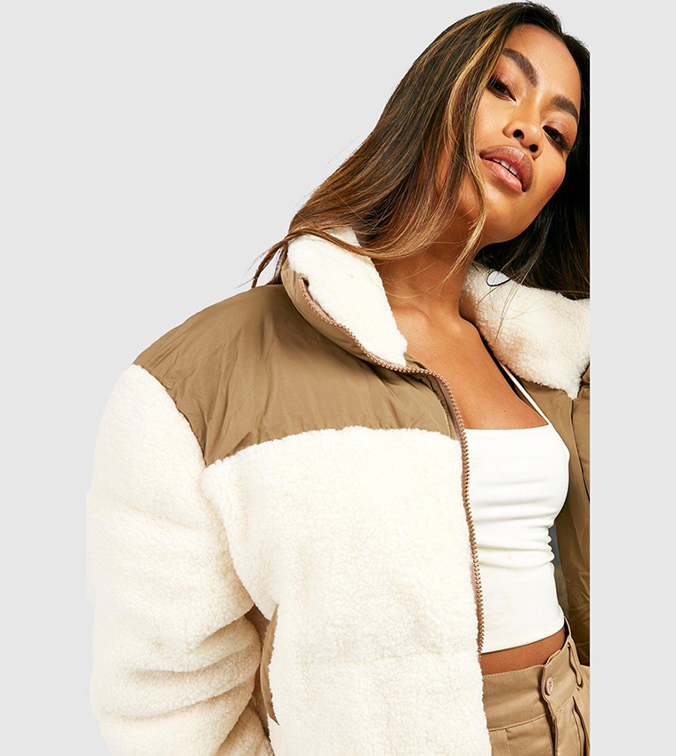 Oversized Teddy Cropped Puffer Jacket / Cream