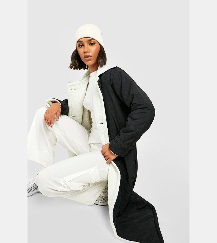 Buy Boohoo Borg Lined Padded Trench Coat In Black 6thStreet Qatar