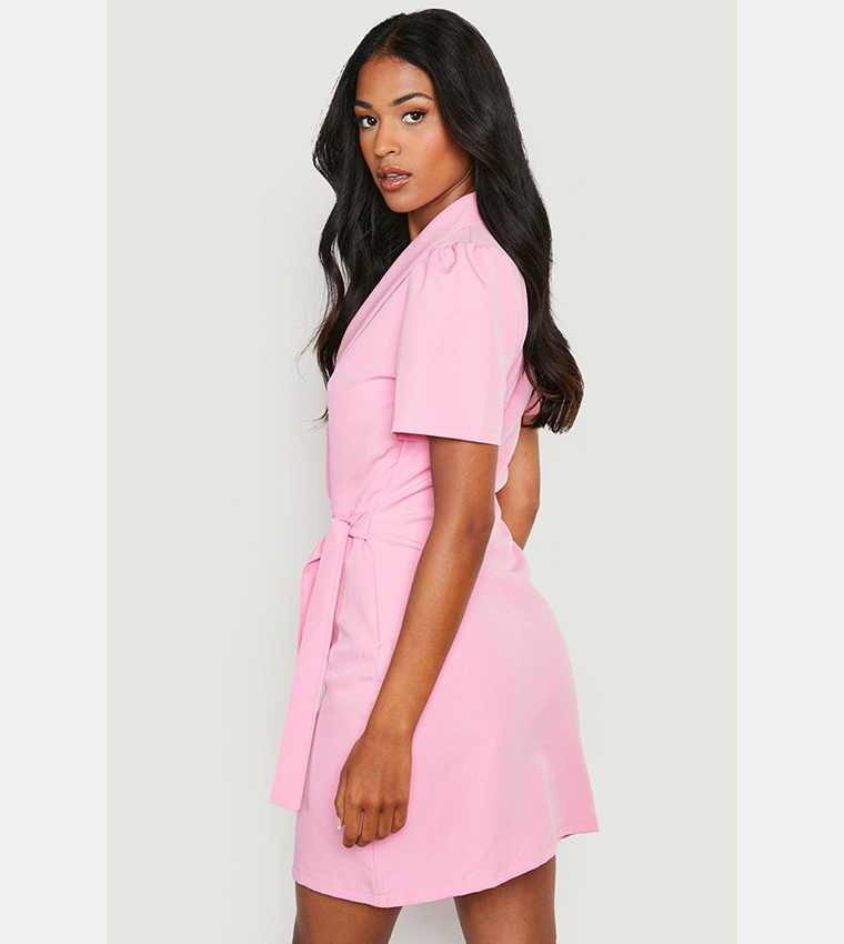 pink short sleeve blazer dress Zapaka Women Pink Peak Lapel Short Work Dress with Sleeves A Line Satin Double Breasted Blazer Dress, Pink / US24W