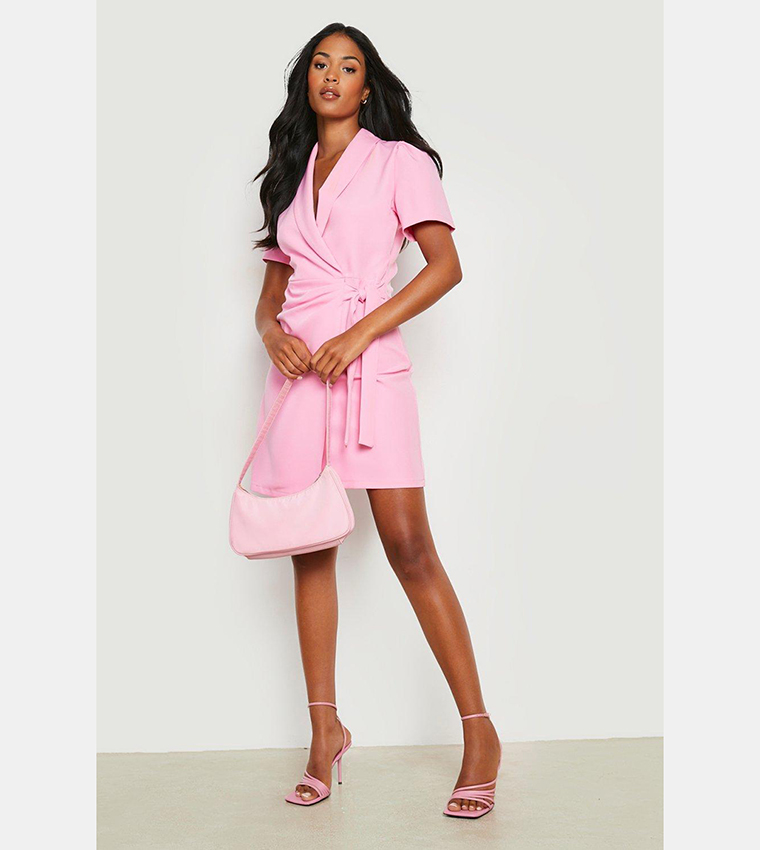 pink short sleeve blazer dress Buy Boohoo Tall Short Sleeves Wrap Over Blazer Dress In Pink