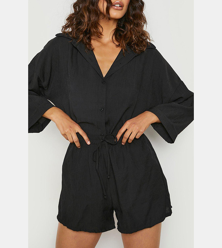 Buy Boohoo Textured Crinkle Oversized Shirt & Shorts Set In Black ...