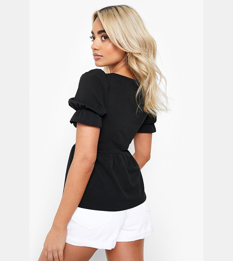 Bow Knot Decor Square Neck Puff Sleeve Peplum Top main image 1