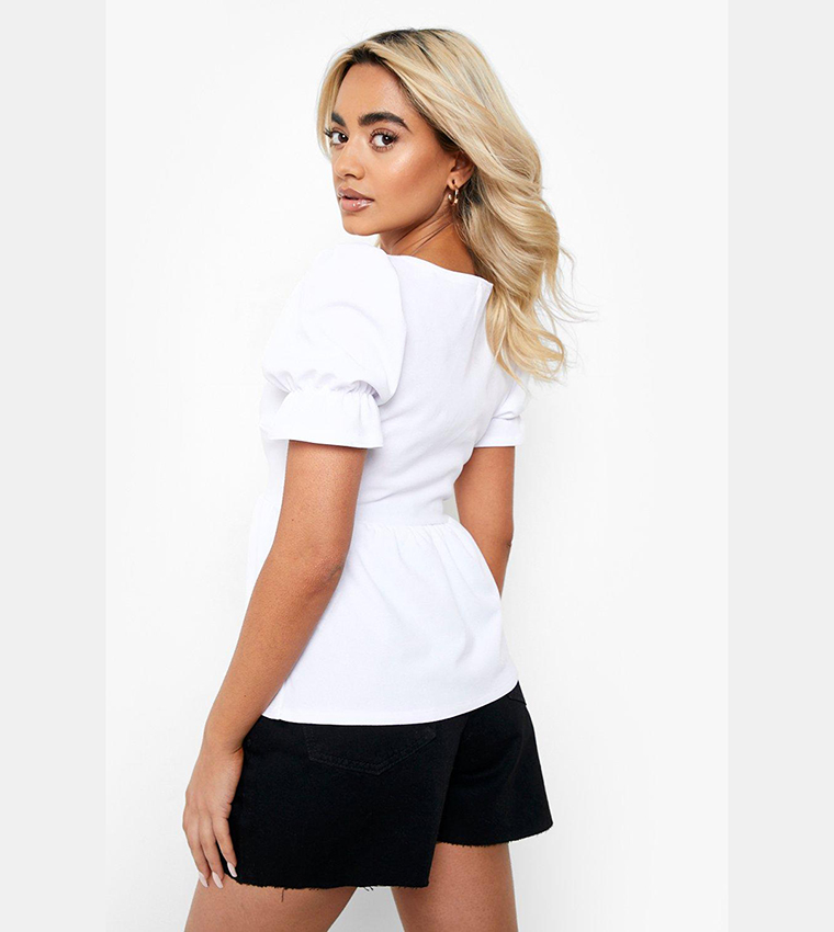 Buy Boohoo Square Neck Puff Sleeves Peplum Top In White 6thstreet